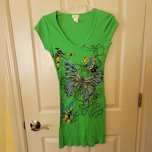 Teen - Long V neck Shirt or Dress with Embellished Butterfly print in Front- Lg
